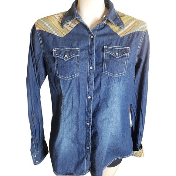 Wrangler M Long Sleeve Shirt Pearl Snap Button Up Denim & Aztec Yoke Shacket - Picture 7 of 11